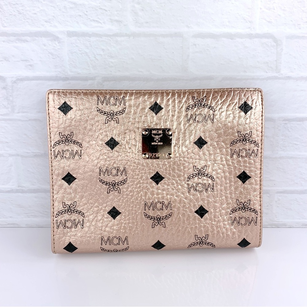 MCM Champagne Gold Visetos Canvas Small Zip Top Pouch Clutch Purse $325